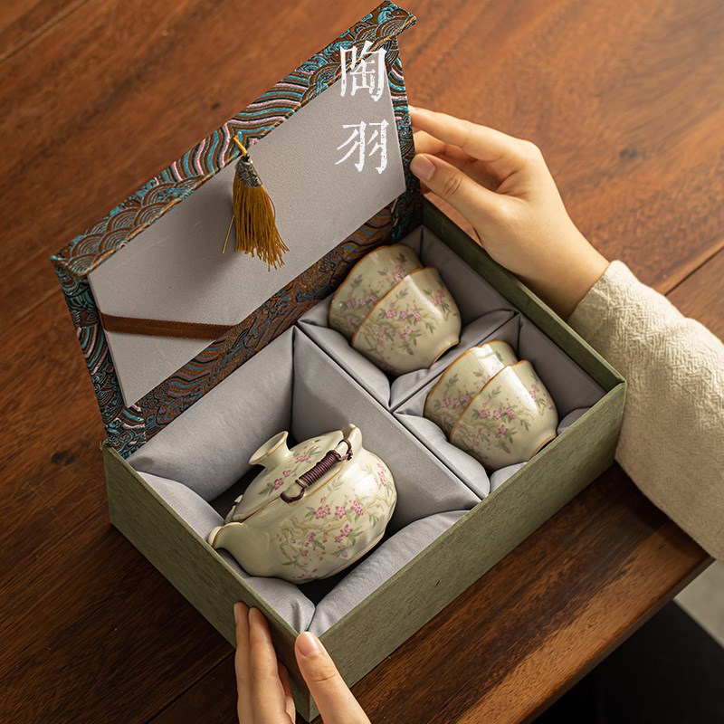 米黄汝窑手抓壶盖碗女士茶具一壶二四杯防烫泡茶碗茶杯功夫茶具