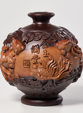 实木花瓶摆件黑檀木雕金玉满堂客厅插花电视柜装饰工艺品乔迁送礼
