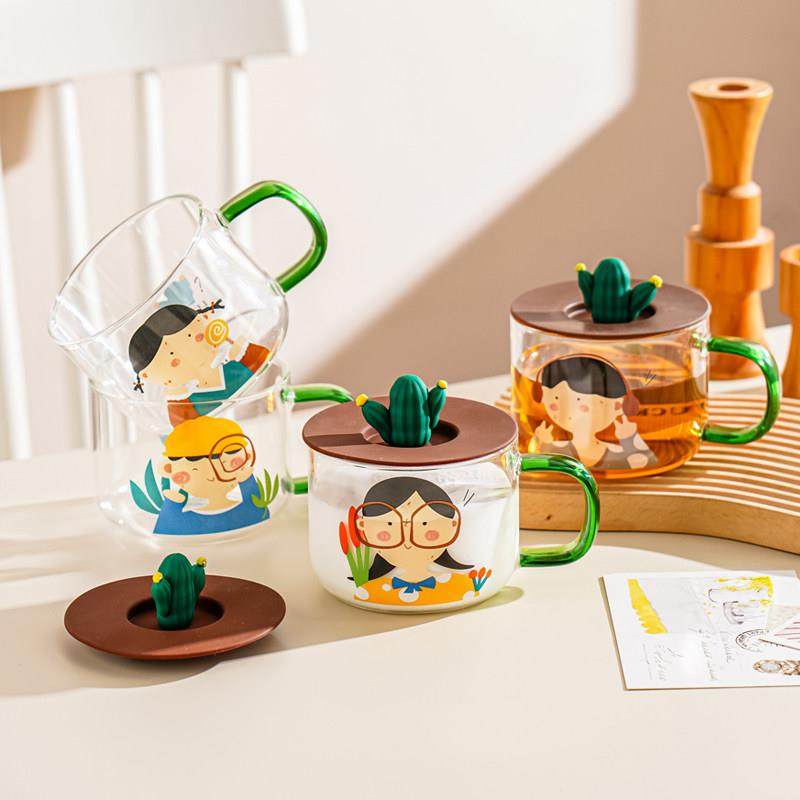 可爱卡通家用高硼硅玻璃水杯子男女办公室咖啡杯情侣马克杯带盖勺,餐饮具,玻璃杯,淘宝优惠券,粉丝福利购,淘宝优惠卷