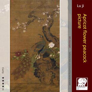 陆基杏花孔雀图传统工笔花鸟画覆制模板中国装饰画艺术绢本画心