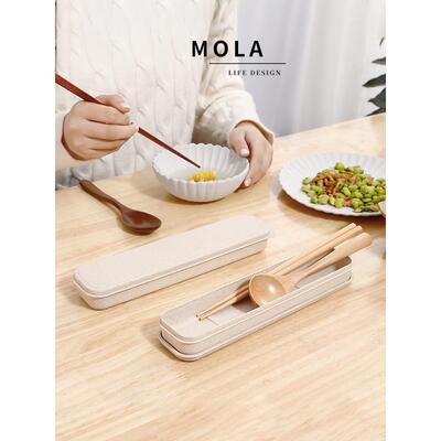 Mola.Edible。筷子和勺子套装木制简易单便携式餐具学生储物箱