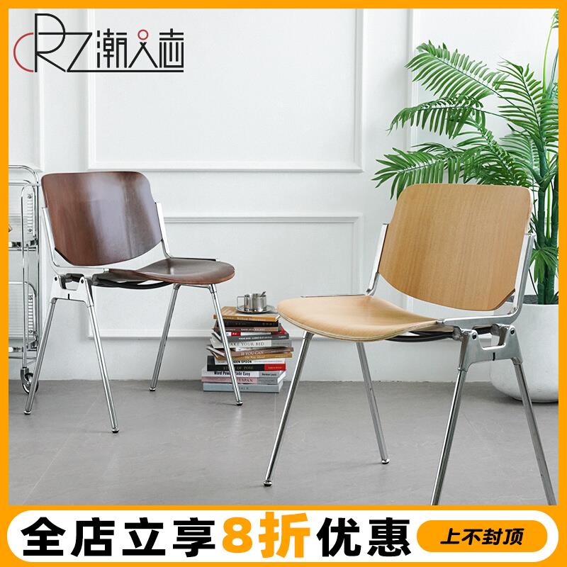 中古餐椅实木靠背凳子轻奢设计师304不锈钢椅子可叠放复古咖啡椅