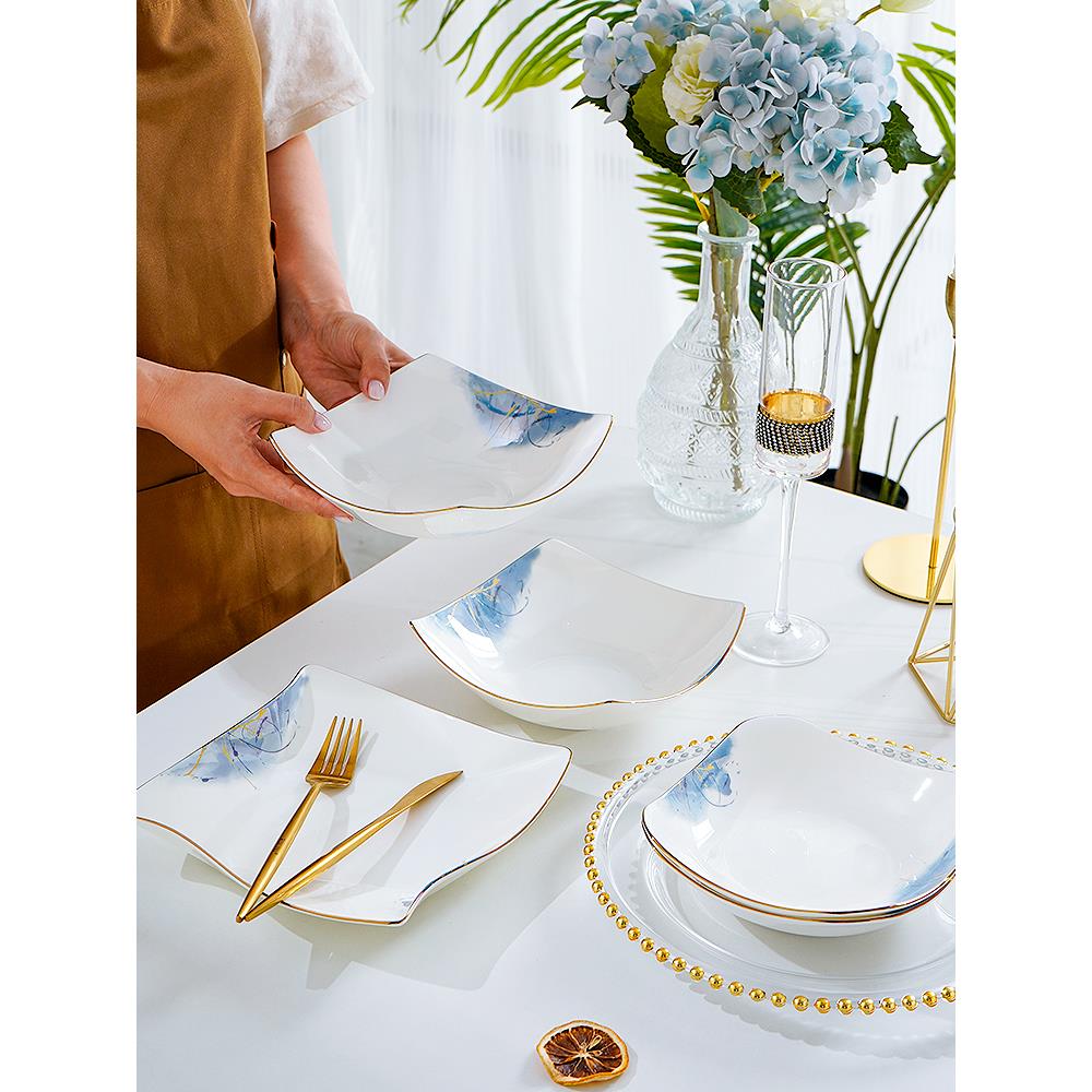 4个装家用纯白色骨瓷盘子7-8英寸创意方汤盘菜盘陶瓷餐具方盘餐盘