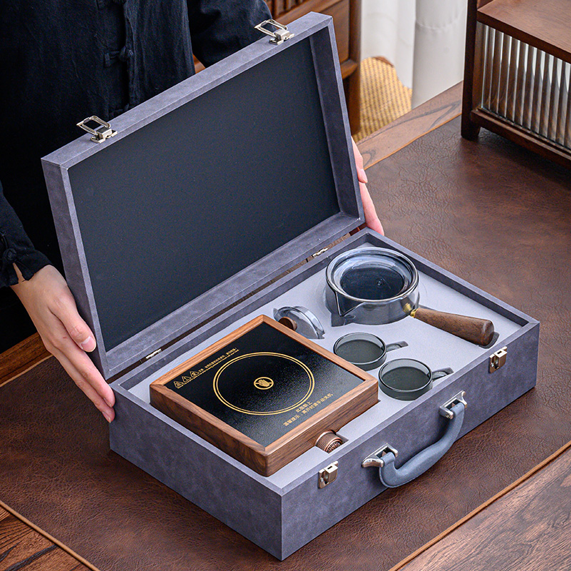 胡桃木黑晶炉家用室内加厚玻璃耐高温煮茶壶茶杯围炉煮茶炉礼盒装