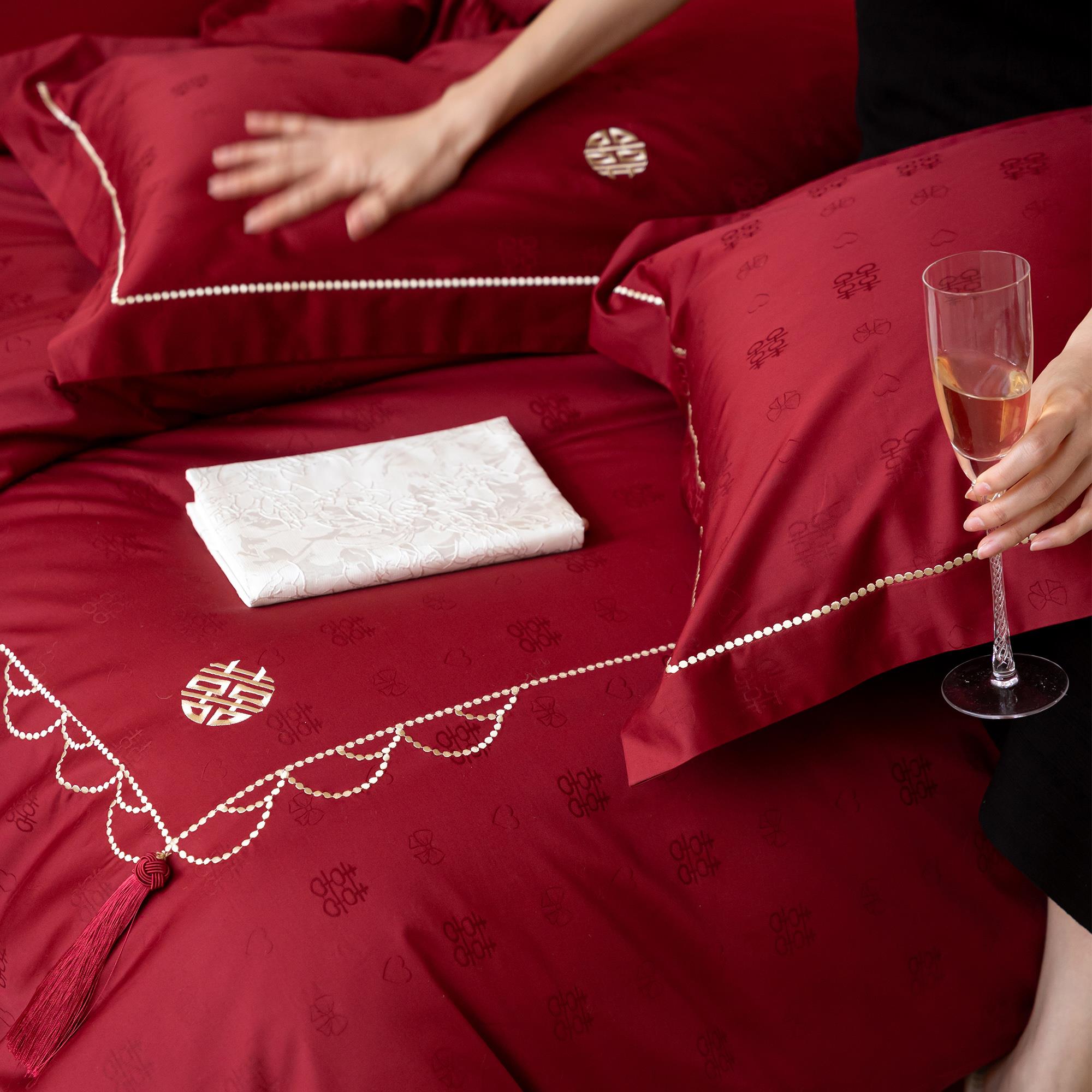 简约中式婚庆四件套全棉喜字刺绣长绒棉提花红色结婚被套床单床品