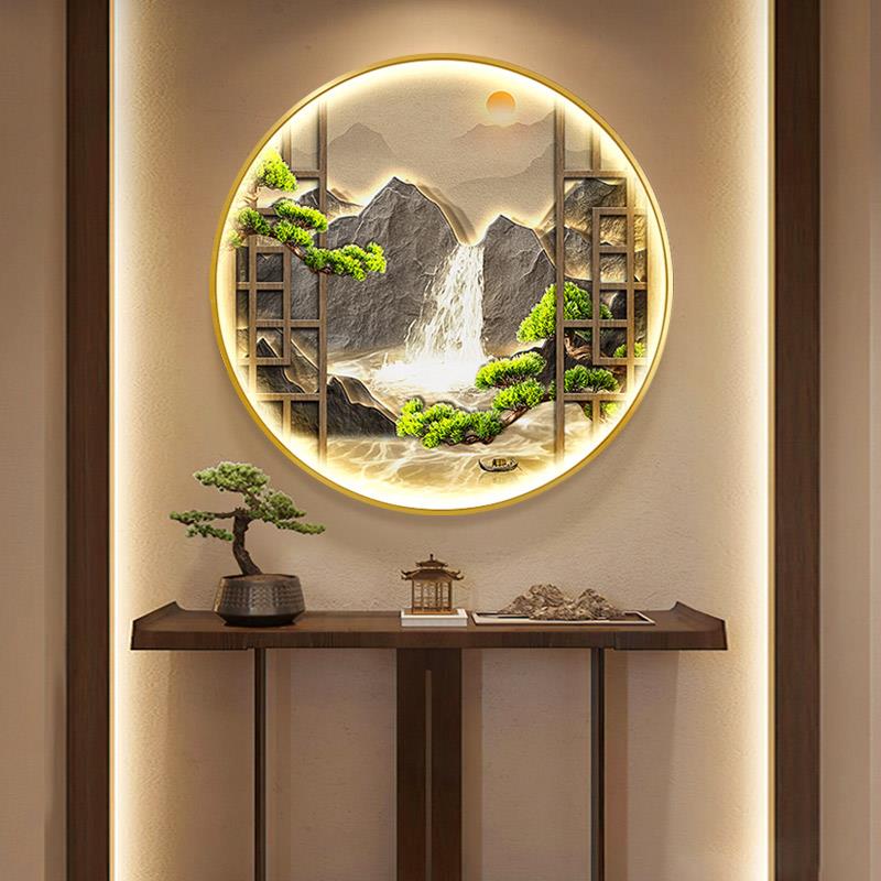 新中式玄关装饰画迎客松树走廊过道挂画背有靠山圆形茶室带灯壁画图片
