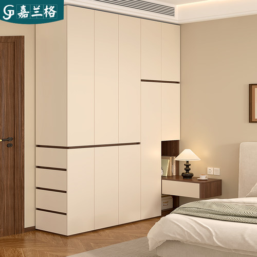 奶油中古风分段式转角衣柜带床头柜一体家用卧室免拉手衣橱柜9A58