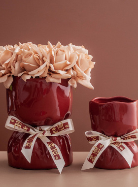 创意红色陶瓷花瓶水m培植物干花鲜花插花花瓶客厅桌面玄关装饰摆