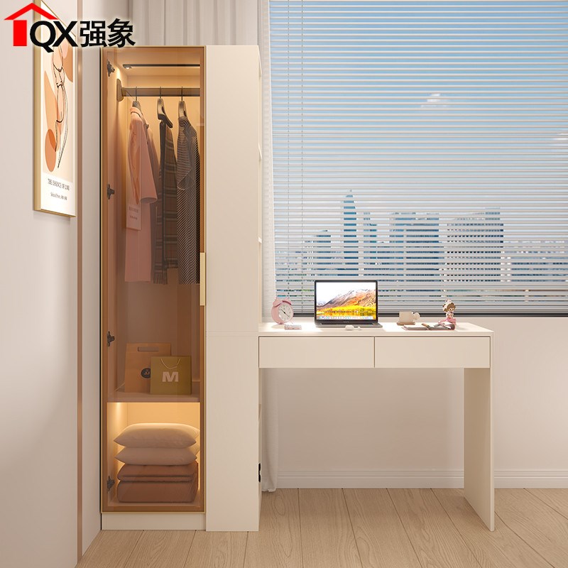 轻奢玻璃门衣柜书桌书架一体组合电脑桌现代简约卧室学习桌柜A55