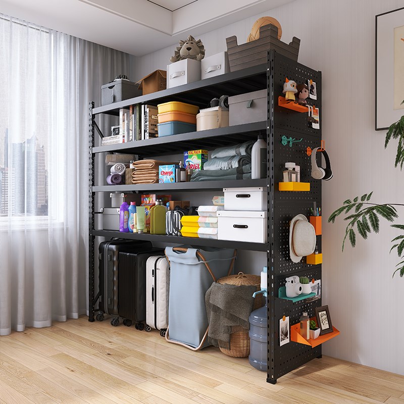 黑色下空式洞洞板货架家用u置物架落地多层阳台行李拉杆箱收纳架m