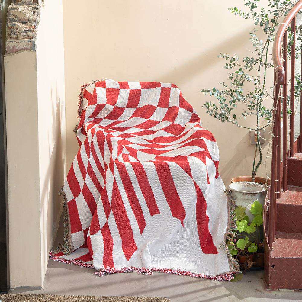 红色棋盘格露营毯线毯沙发毯印第安毯子户外露营线毯camping