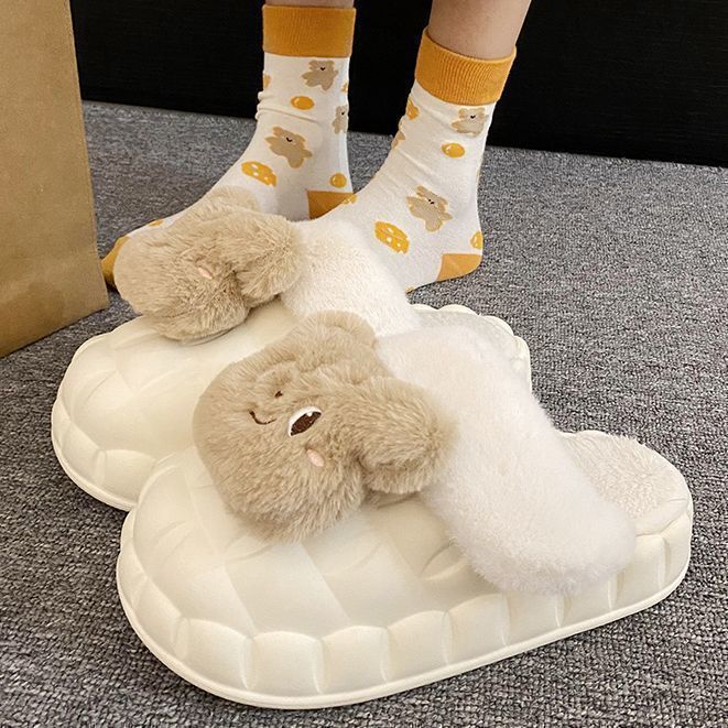 可拆卸卡通毛绒熊棉拖鞋女冬季室内外穿时尚保暖居家EVA厚底棉鞋