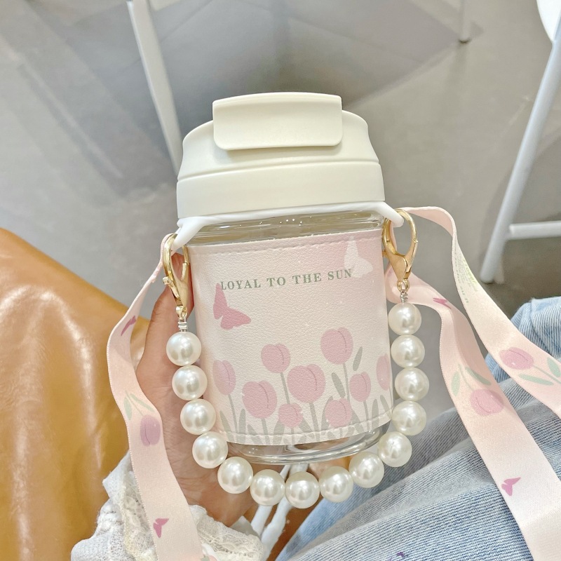 新款郁金香水杯珍珠手提链条带吸管夏季女生玻璃杯泡花茶杯子