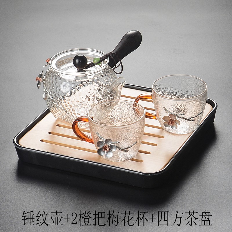 侧把锤纹玻璃耐热茶壶耐高温泡茶壶侧把木柄个性泡茶壶锡梅花