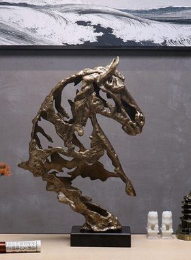 现代新中式创意轻奢铜马头摆件客厅电视柜装饰品书房办公室摆设品