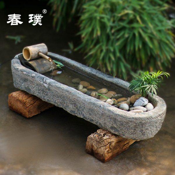 老石槽流水摆件户外庭院石缸景观旧石头鱼缸花盆猪槽阳台水景组合