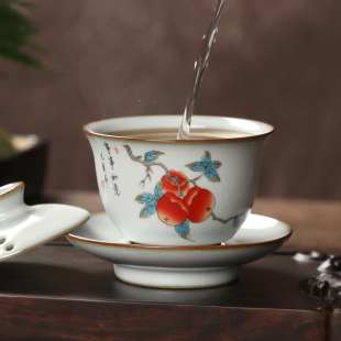汝窑三才盖碗大号茶杯泡茶碗开片陶瓷可养家用单个功夫茶具手抓壶