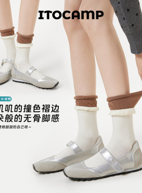 ITOCAMP女士中筒袜韩系miu袜双层木耳花边透气吸汗四季常规堆堆袜