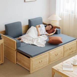 罗汉床推拉多功能沙发床两用实木床榻伸缩新中式体蜡白木小户型箱