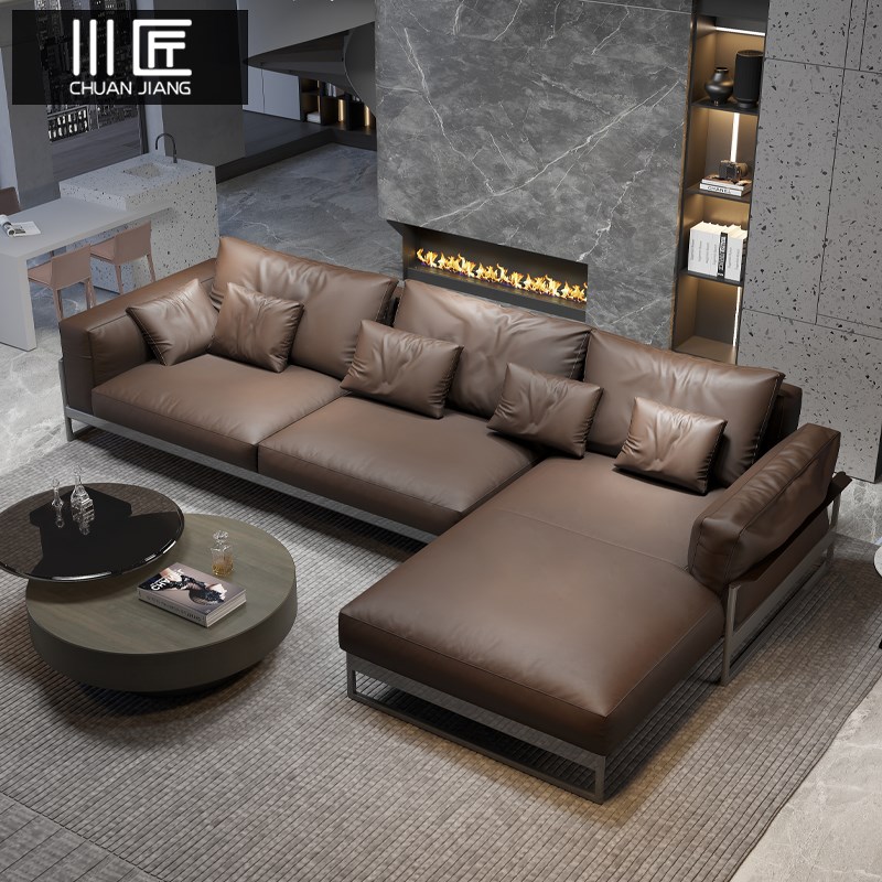 意式极简不锈钢现代真皮羽绒沙发北欧简约客厅贵妃带转角沙发