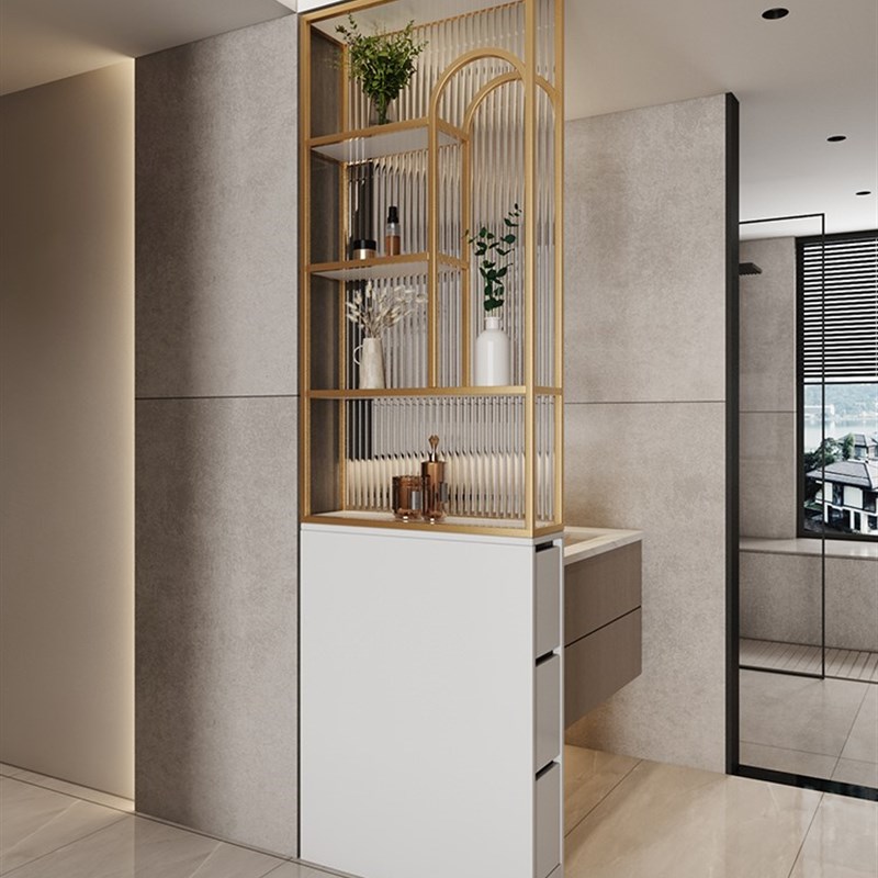 现代简约化妆室半墙玻璃屏风隔断置物架不锈钢轻奢洗手台干湿分离