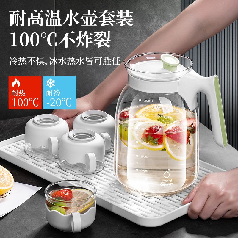 家用大容量玻璃茶壶宽口径耐高温玻璃冷水壶高颜值奶油风冰箱壶