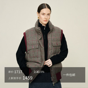 JIXICHEN 复古千鸟格羊毛呢高蓬松保暖羽绒马甲外套女 节日氛围红