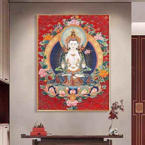 大势至菩萨唐卡挂画西藏手绘复刻藏族佛像客厅装饰画生肖马本命佛