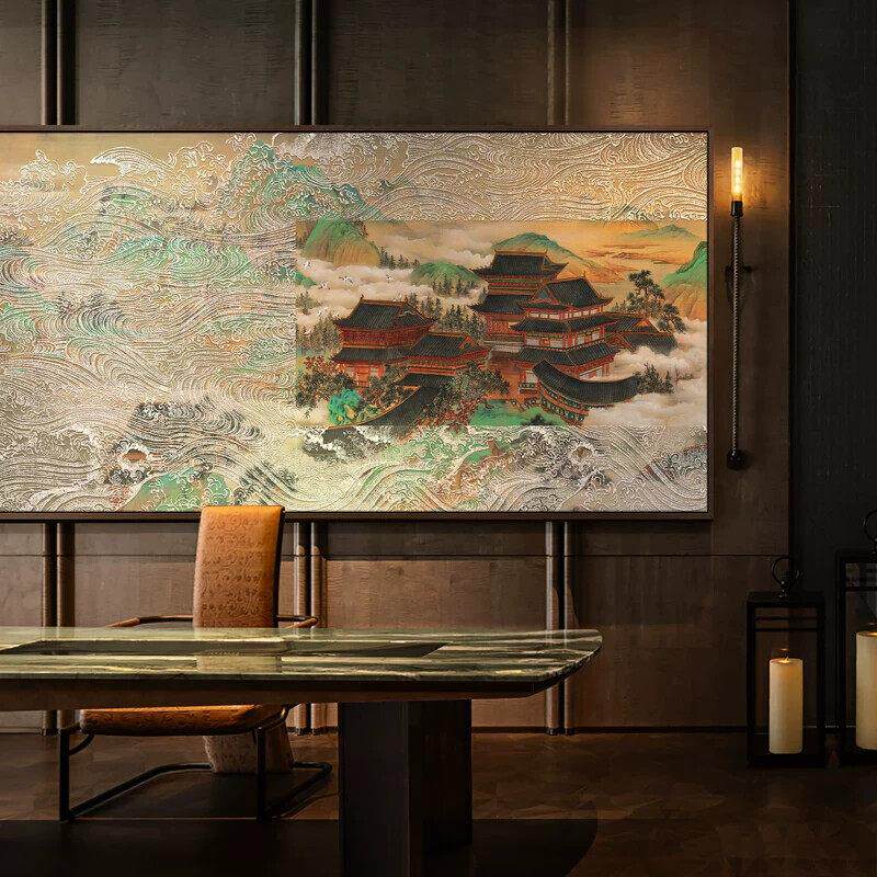 新中式客厅沙发背景墙装饰画山水风景立体画餐厅浮雕肌理长条挂画