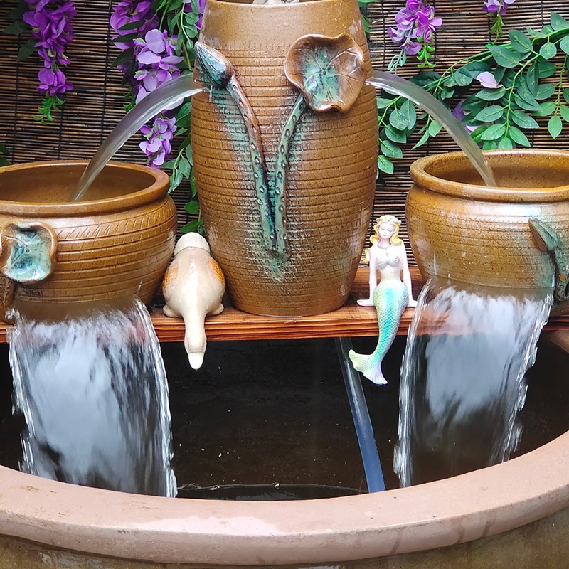 古法生态养鱼循环瀑布流水陶罐B庭院水循环现代创意流水造景摆件