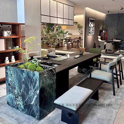 新中式实木大板茶桌 现代轻奢岩板岛台茶台别墅设计师款高端定制