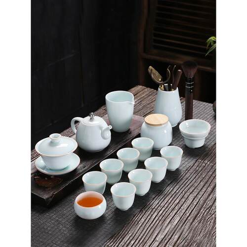 白瓷功夫茶具套家用会客茶壶盖碗办公室轻奢简约中式色釉泡茶杯
