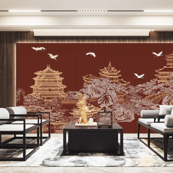 别墅现代背景墙楼阁饭店纸客壁画酒店布新中式餐厅装饰墙壁纸古风图片