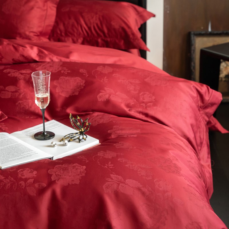 浪漫新中式丨结h婚100S床单暗纹花朵提花全棉四件套婚被套贡缎床