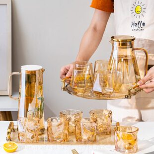 冷水壶高档喝水玻璃杯子家用客厅水具创意水杯茶杯托盘凉白开水壶