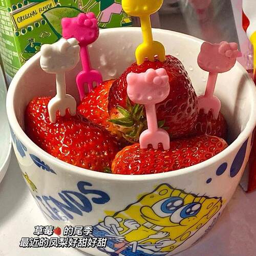 水果叉不锈钢食品级日本卡通KT点心叉便当装饰签可爱水果牙签迷你