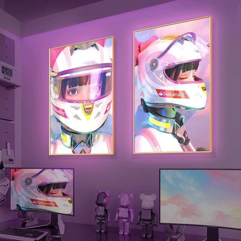 入户玄关装饰画电竞房LsED发光画酒店网吧酒吧灯光画机车少女挂画