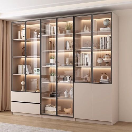 书柜家用带玻璃门客厅一体整墙现代轻奢储物柜实木书架展示柜