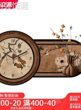 中古风厅带钟餐表画装饰立体砂岩客厅挂钟HY63748-钟壁画高级感复
