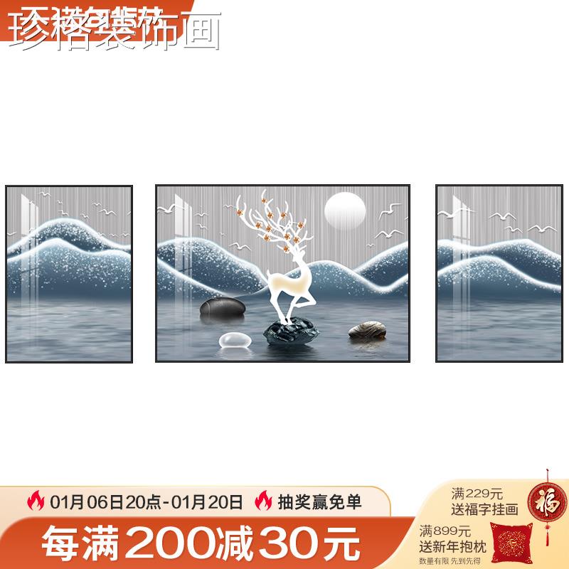 客装画轻奢大气福鹿生辉饰水三厅联画寓意山好现代nx-FFLSH沙发背