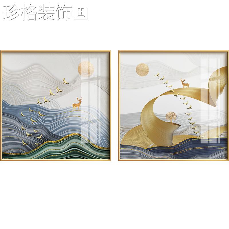 北玄关现装饰代简约餐厅正HL-19060方形挂欧画玄幻麋鹿招财轻奢画图片