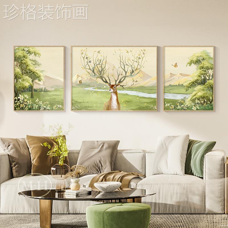 北欧风客厅装饰画梅花鹿抽象艺术三联壁画现代简约沙发背景墙挂画图片