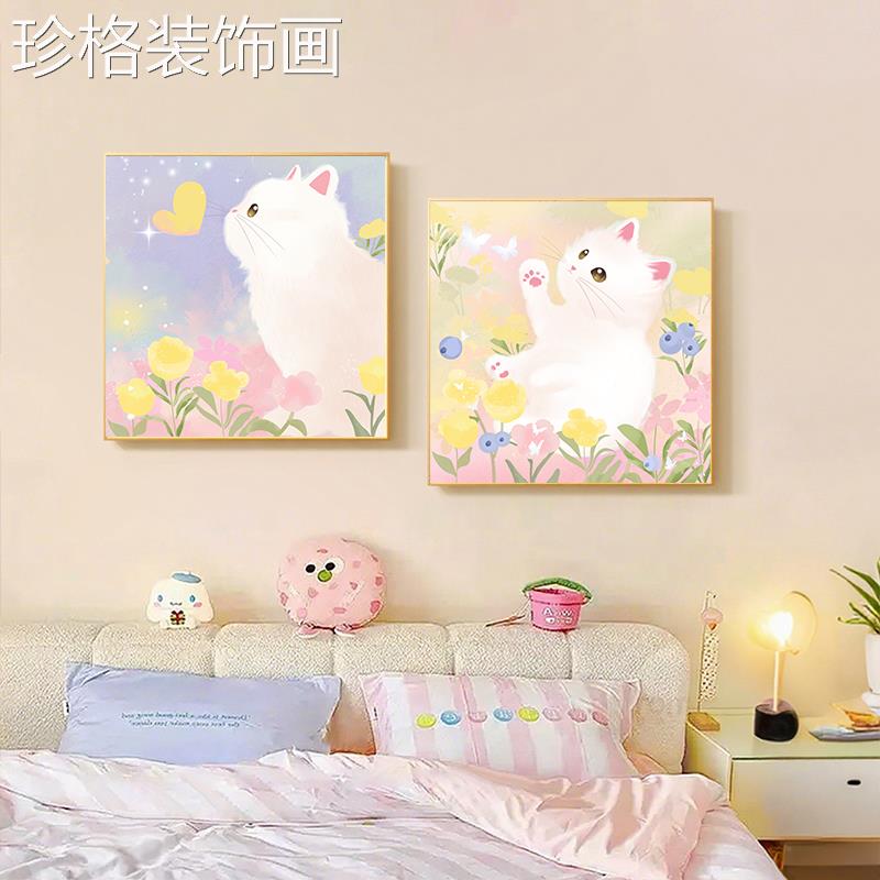 奶油风木餐厅装原饰风画正方形小清新猫咪挂画饭厅QY-395餐桌背景图片