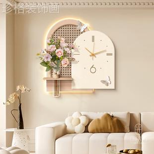 法式奶油风客厅装饰画挂钟水培绿植挂画氛围灯光画餐桌背景墙钟表