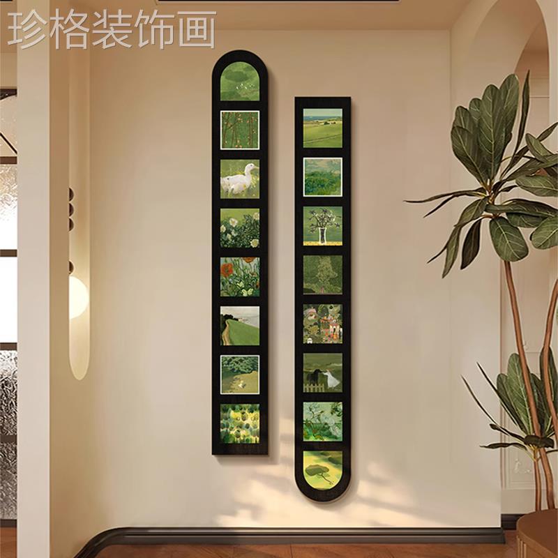 中古风绿色玄关装饰画法式竖版走廊正对门挂画植物组合壁画新款图片