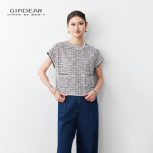针织衫 Girdear 哥弟小香风短袖 女夏格纹圆领通勤淑女风上衣130133