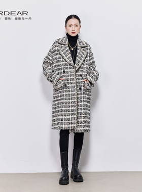 Girdear/哥弟高级百搭质感翻领中长款格子大衣140084