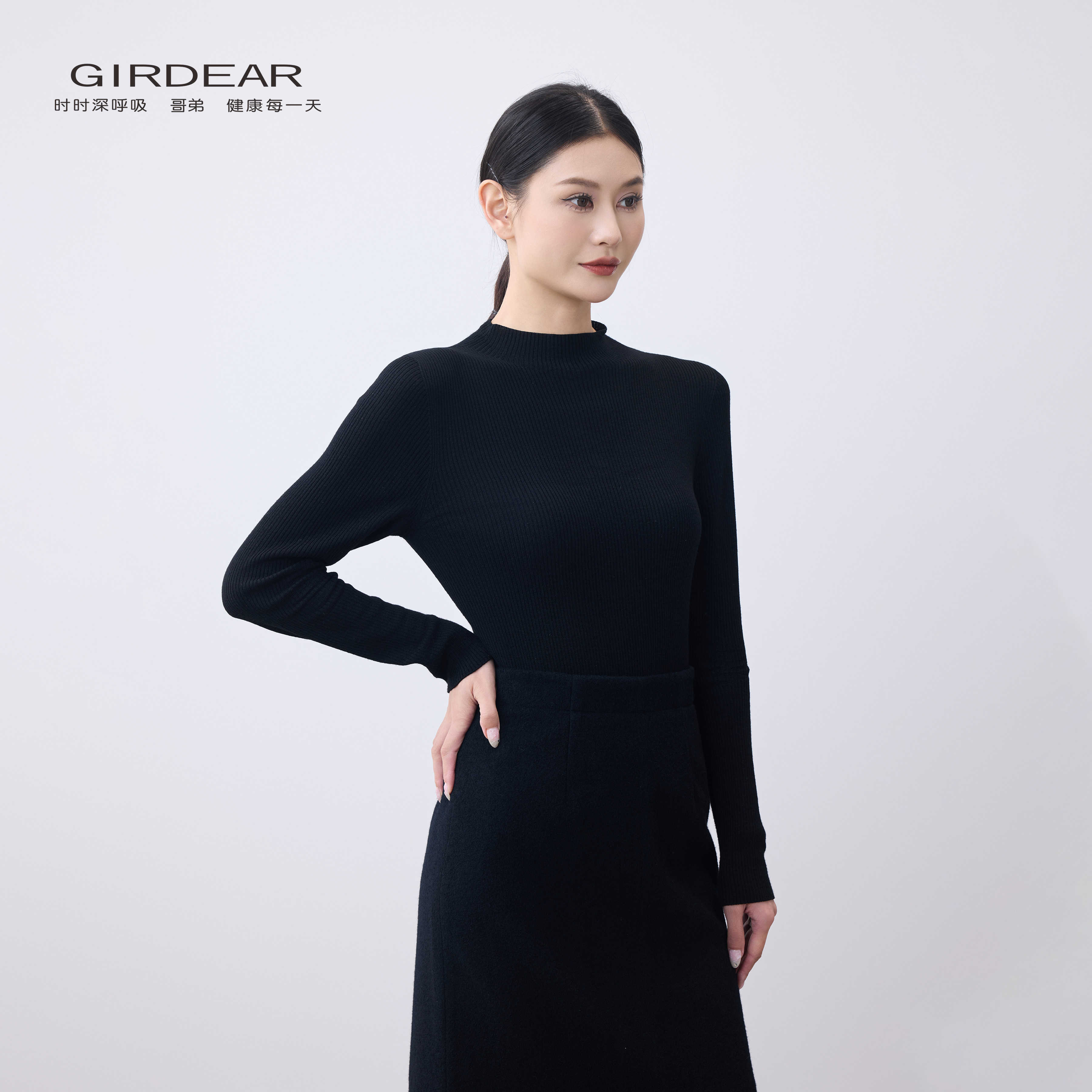 Girdear/哥弟半高领坑条针织衫女长袖修身羊毛衫气质打底1399770
