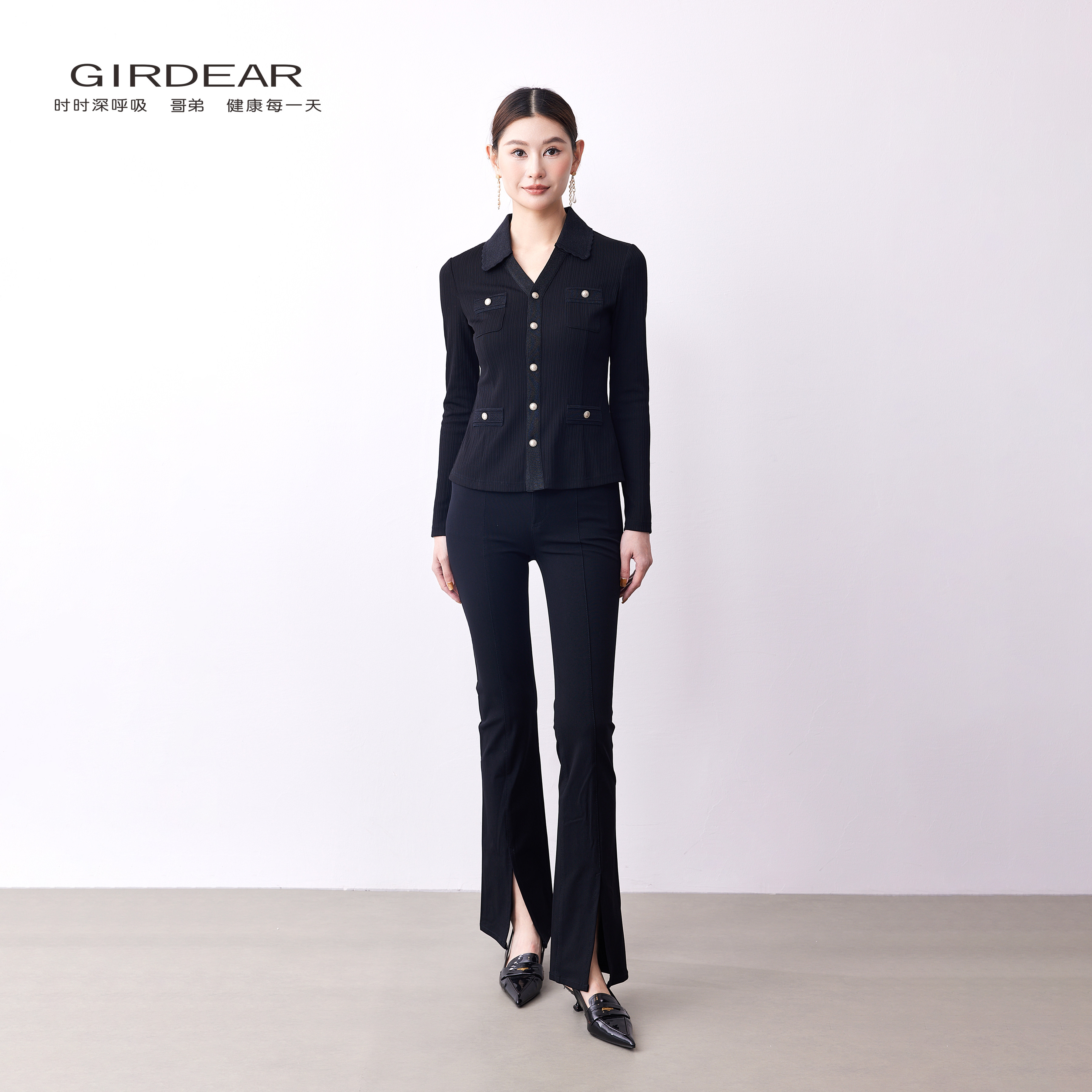 Girdear/哥弟春夏通勤翻领显瘦长袖针织衫修身小香风针织13