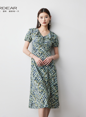 Girdear/哥弟法式田园风V领短袖碎花收腰显瘦中长款连衣裙150053